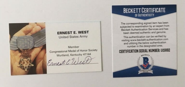 ERNEST WEST SIGNED AUTOGRAPHED BUSINESS CARD BAS BECKETT CERT MEDAL OF HONOR MOH
 COLLECTIBLE MEMORABILIA