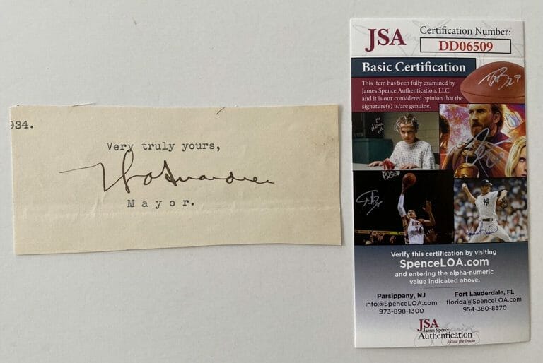 FIORELLO LAGUARDIA SIGNED 2×5 CUT JSA CERTIFIED NEW YORK CITY MAYOR LA GUARDIA
 COLLECTIBLE MEMORABILIA