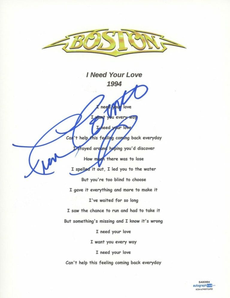 FRAN COSMO BOSTON SIGNED AUTOGRAPH LYRIC SHEET ACOA COA I NEED YOUR LOVE COLLECTIBLE MEMORABILIA