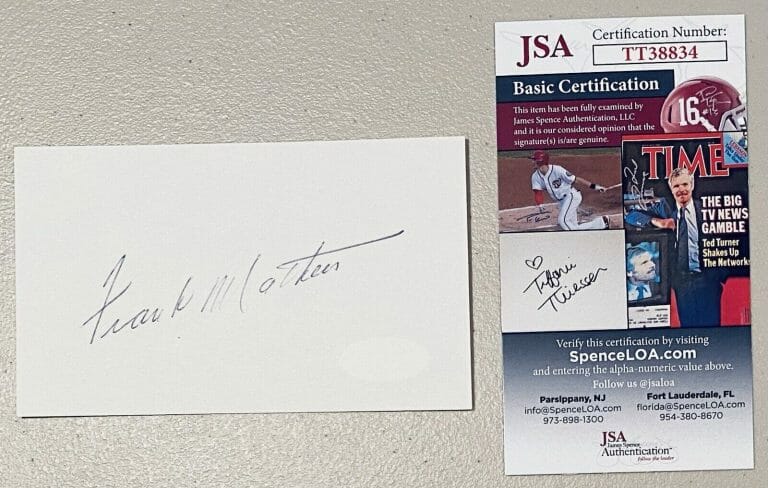 FRANK MATHERS SIGNED AUTOGRAPHED 3×5 CARD JSA TORONTO MAPLE LEAFS HOCKEY HOF
 COLLECTIBLE MEMORABILIA