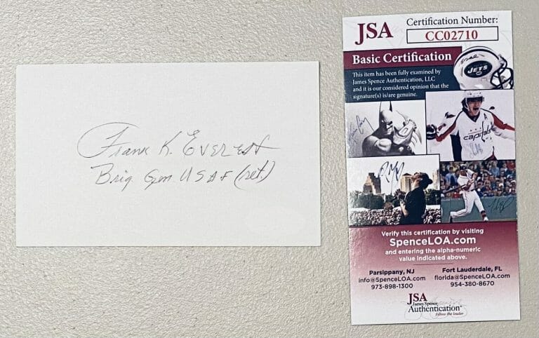 FRANK PETE EVEREST SIGNED AUTOGRAPHED 3×5 CARD JSA AIR FORCE GENERAL TEST PILOT
 COLLECTIBLE MEMORABILIA