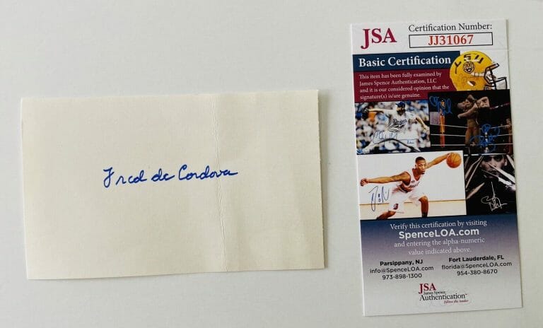 FRED DE CORDOVA SIGNED AUTOGRAPHED 3×5 CARD JSA CERTIFIED TONIGHT SHOW
 COLLECTIBLE MEMORABILIA