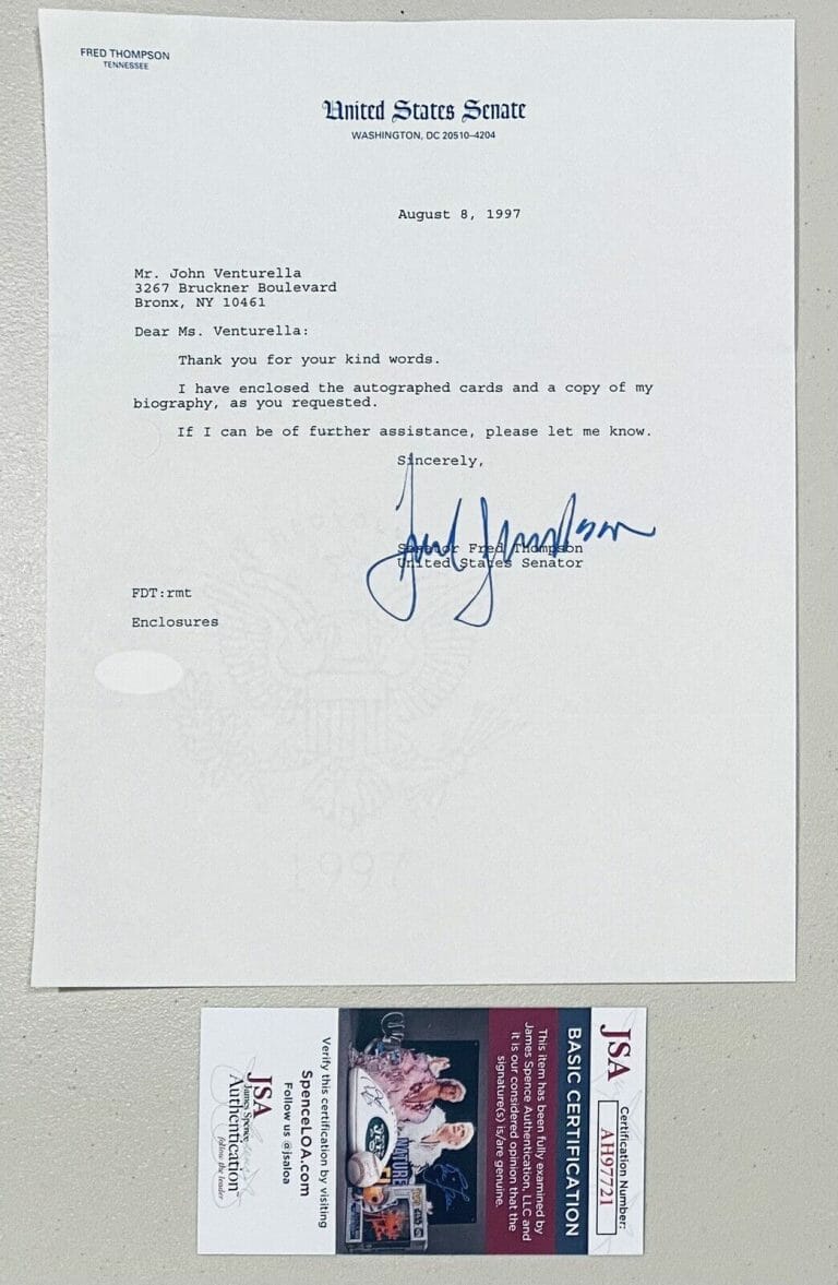 FRED THOMPSON SIGNED AUTOGRAPHED 8.5 X 11 TYPED LETTER JSA SENATOR LAW & ORDER
 COLLECTIBLE MEMORABILIA