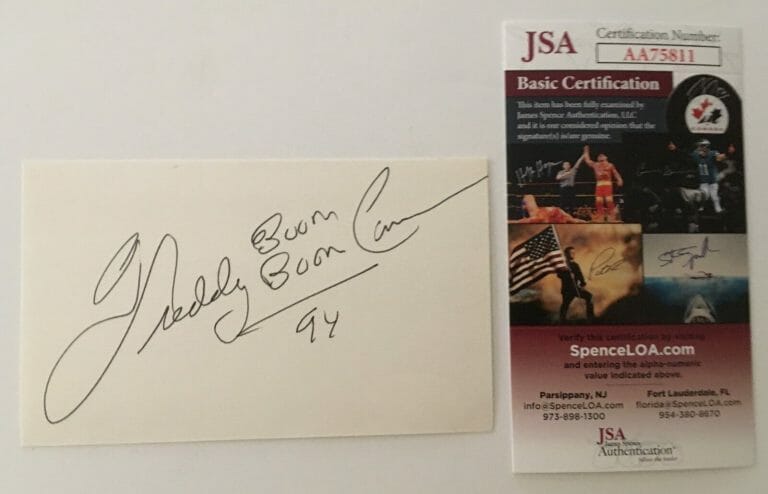 FREDDY BOOM BOOM CANNON SIGNED AUTOGRAPHED 3×5 CARD JSA CERTIFIED
 COLLECTIBLE MEMORABILIA