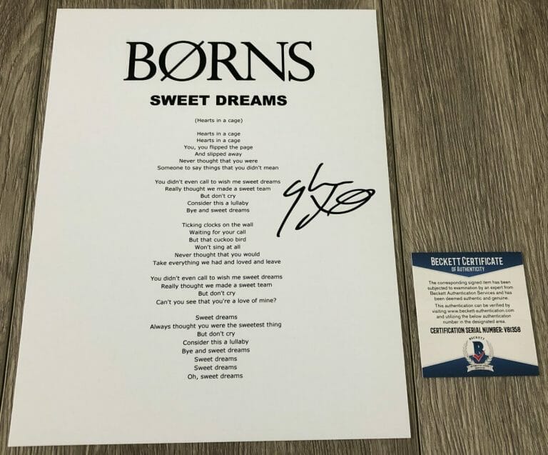 GARRETT BORNS SIGNED AUTOGRAPH SWEET DREAMS LYRICS SHEET W/PROOF BECKET BAS COA
 COLLECTIBLE MEMORABILIA