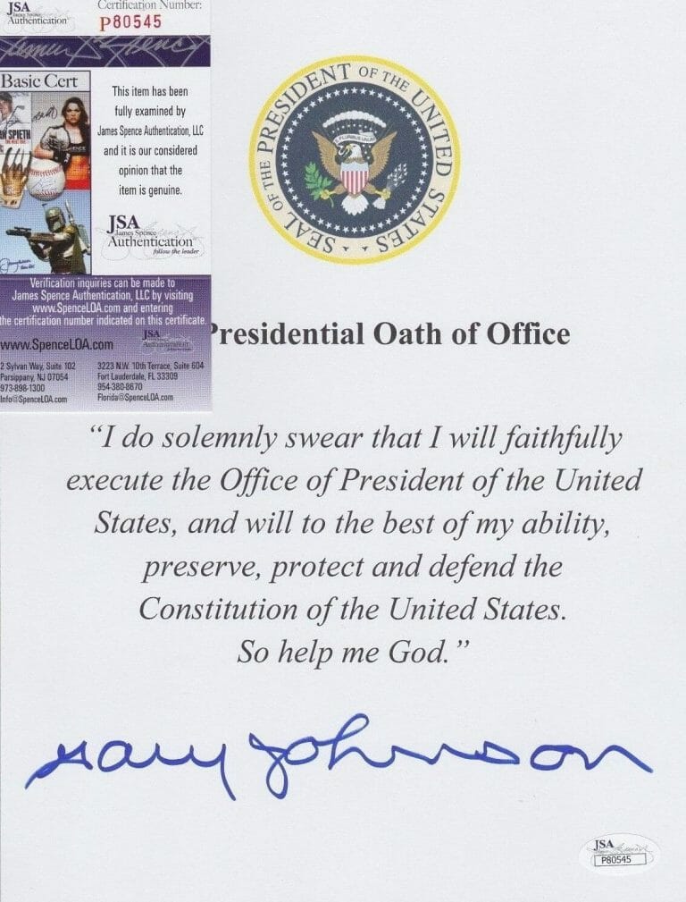 GARY JOHNSON SIGNED “PRESIDENTIAL OATH OF OFFICE” W/ JSA COA #P80545 COLLECTIBLE MEMORABILIA