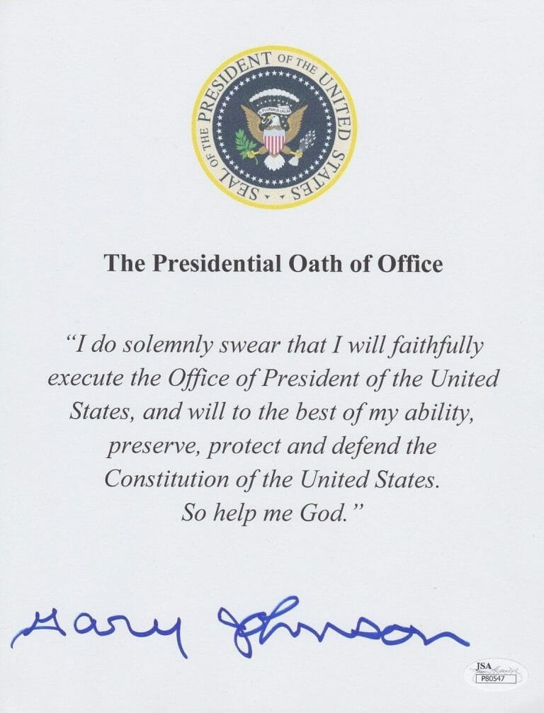 GARY JOHNSON SIGNED “PRESIDENTIAL OATH OF OFFICE” W/ JSA COA #P80547 COLLECTIBLE MEMORABILIA