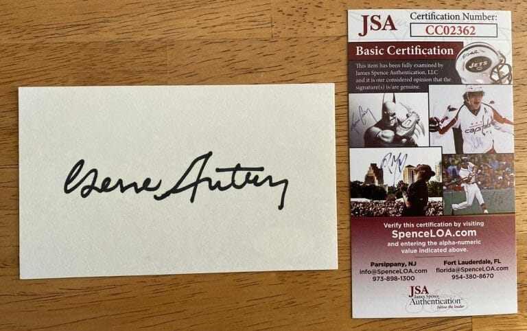 GENE AUTRY SIGNED AUTOGRAPHED 3×5 CARD JSA CERTIFIED
 COLLECTIBLE MEMORABILIA