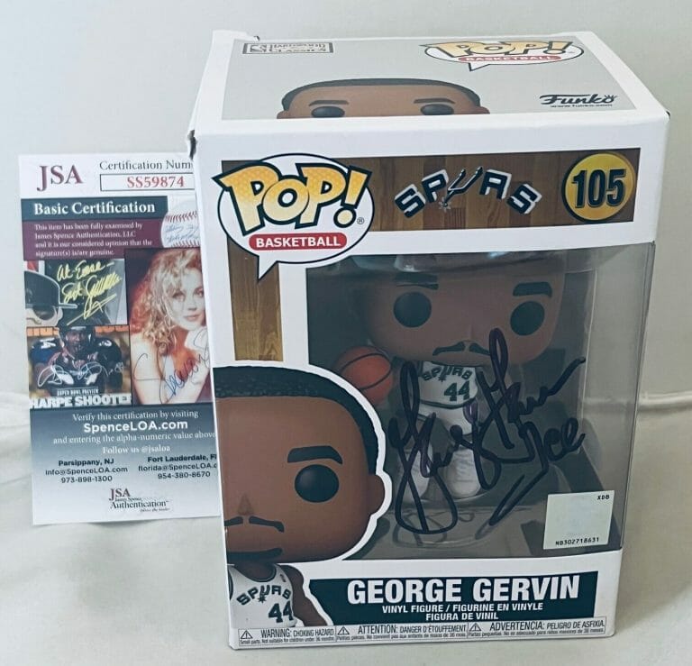 GEORGE GERVIN SAN ANTONIO SPURS SIGNED FUNKO POP #105 AUTOGRAPHED W/ ICE INS JSA COLLECTIBLE MEMORABILIA