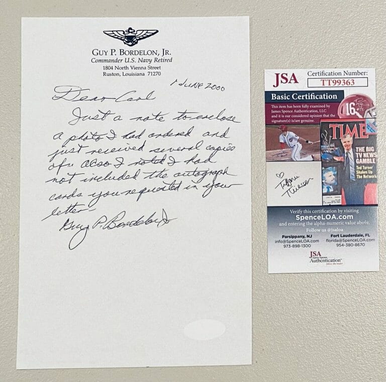 GUY BORDELON HANDWRITTEN SIGNED AUTOGRAPHED 5.5 X 8.5 LETTER JSA KOREAN WAR ACE
 COLLECTIBLE MEMORABILIA
