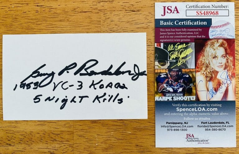 GUY BORDELON SIGNED AUTOGRAPHED 3×5 CARD JSA CERTIFIED KOREAN WAR ACE
 COLLECTIBLE MEMORABILIA