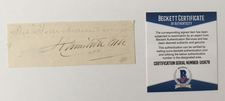 HAMILTON FISH SIGNED AUTOGRAPHED 1.5 X 4.5 CUT BAS BECKETT CERT (1808-1893)
 COLLECTIBLE MEMORABILIA