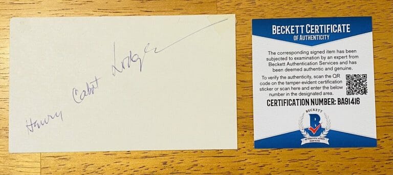 HENRY CABOT LODGE JR SIGNED AUTOGRAPHED 3×5 CARD BECKETT BAS CERTIFIED SENATOR
 COLLECTIBLE MEMORABILIA