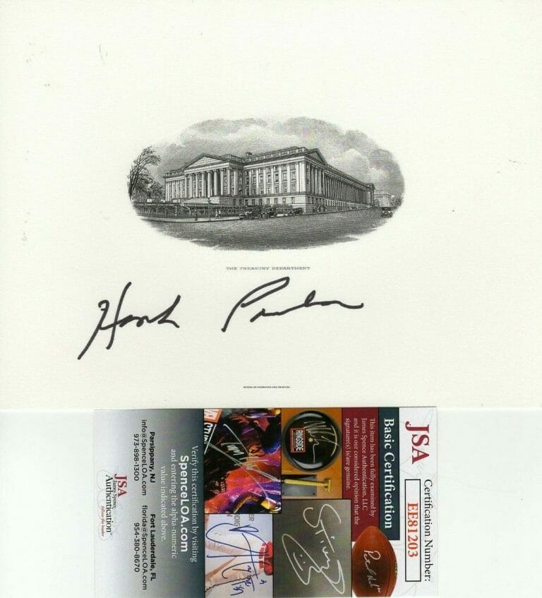 HENRY HANK PAULSON SIGNED BEP US TREASURY ENGRAVING JSA COA #EE81203 GEORGE BUSH COLLECTIBLE MEMORABILIA
