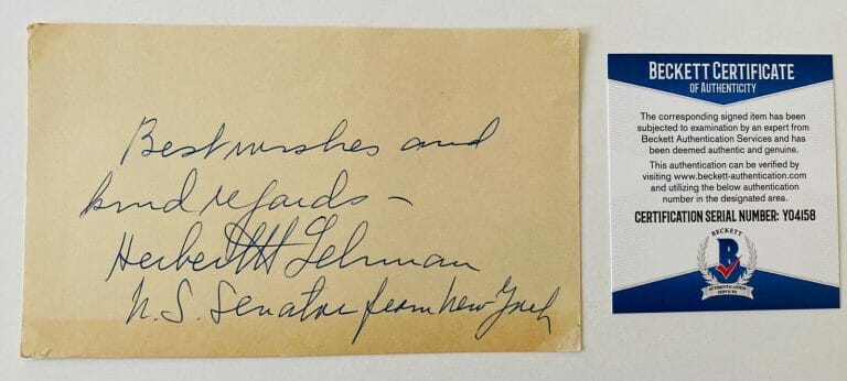 HERBERT LEHMAN SIGNED AUTO 3.5 X 5 CARD BAS BECKETT NEW YORK GOVERNOR SENATOR
 COLLECTIBLE MEMORABILIA