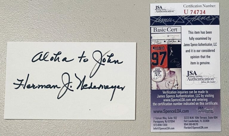 HERMAN WEDEMEYER SIGNED AUTOGRAPHED 3×5 CARD JSA CERTIFIED HAWAII FIVE O
 COLLECTIBLE MEMORABILIA