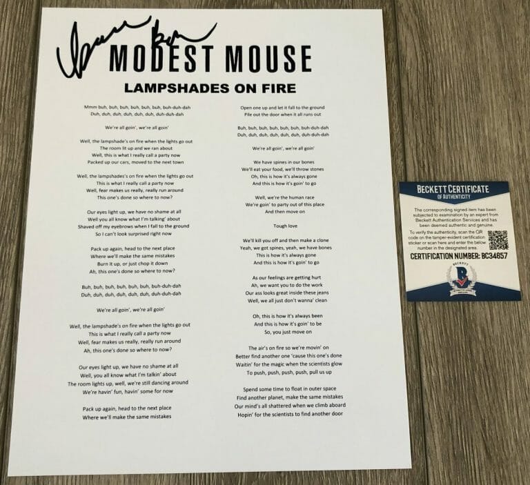 ISAAC BROCK SIGNED MODEST MOUSE LAMPSHADES ON FIRE LYRIC SHEET W/PROOF & BAS COA
 COLLECTIBLE MEMORABILIA