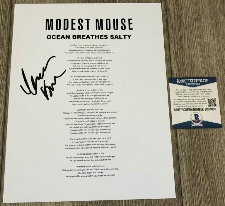 Isaac Brock signed Modest Mouse Ocean Breathes Salty Lyrics sheet COA Proof STAR Isaac Brock signed Modest Mouse Ocean Breathes Salty Lyrics sheet COA Proof STAR