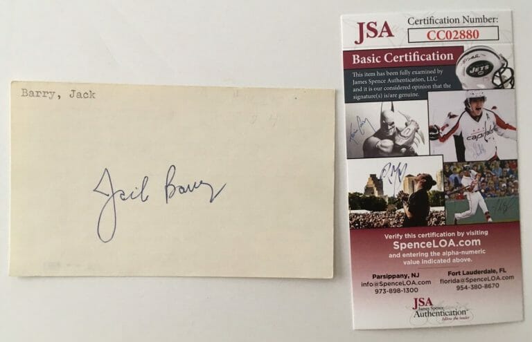 JACK BARRY SIGNED AUTOGRAPHED 3×5 CARD JSA CERTIFIED GAME SHOW HOST
 COLLECTIBLE MEMORABILIA