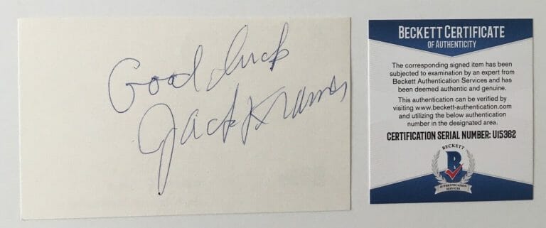JACK KRAMER SIGNED AUTOGRAPHED 3×5 CARD BAS BECKETT CERTIFIED TENNIS HOF
 COLLECTIBLE MEMORABILIA