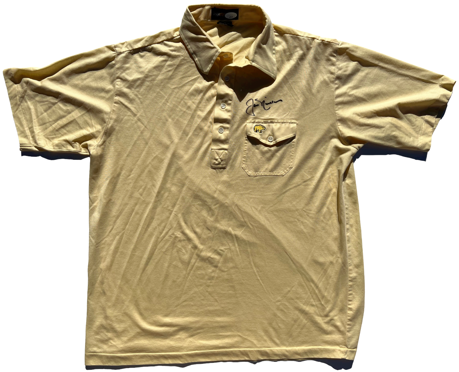 JACK NICKLAUS SIGNED AUTOGRAPHED GOLDEN BEAR GOLF POLO SHIRT MASTERS YELLOW JSA Autographia