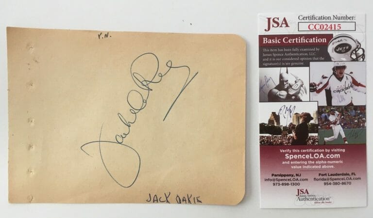 JACK OAKIE SIGNED AUTOGRAPHED 4.25 X 6 ALBUM PAGE JSA CERTIFIED
 COLLECTIBLE MEMORABILIA