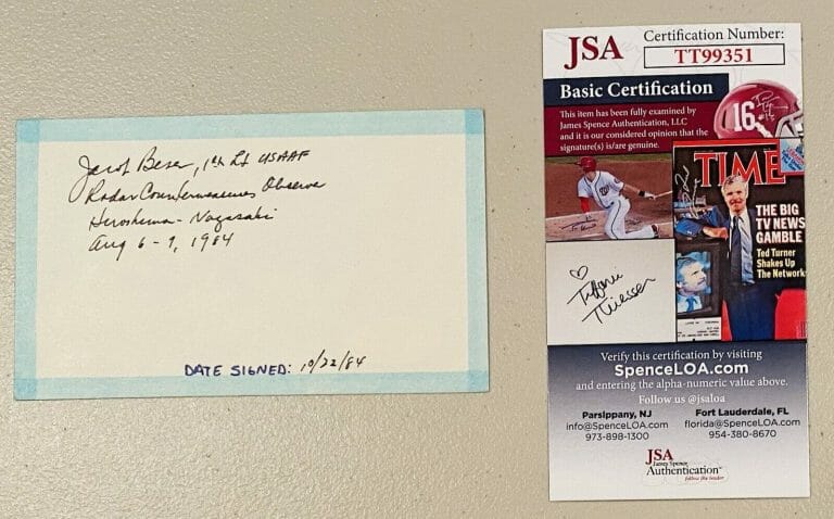 JACOB BESER SIGNED AUTOGRAPHED 3×5 CARD JSA CERT ENOLA GAY ATOMIC BOMB B-29 WW2
 COLLECTIBLE MEMORABILIA