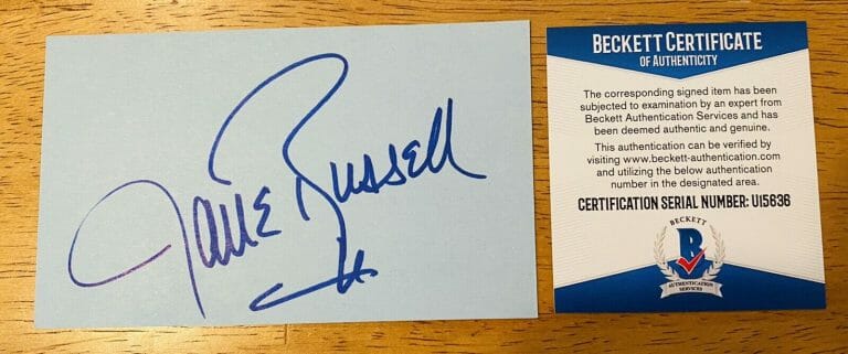JANE RUSSELL SIGNED AUTOGRAPHED 3×5 CARD BAS BECKETT CERTIFIED
 COLLECTIBLE MEMORABILIA