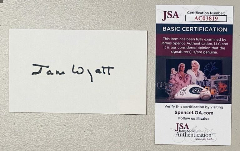 JANE WYATT SIGNED AUTOGRAPHED 3×5 CARD JSA CERTIFIED FATHER KNOWS BEST STAR TREK
 COLLECTIBLE MEMORABILIA