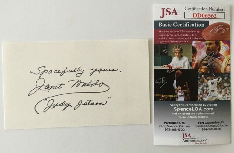 JANET WALDO SIGNED AUTOGRAPHED 3×5 CARD JSA CERTIFIED JUDY JETSON JETSONS
 COLLECTIBLE MEMORABILIA