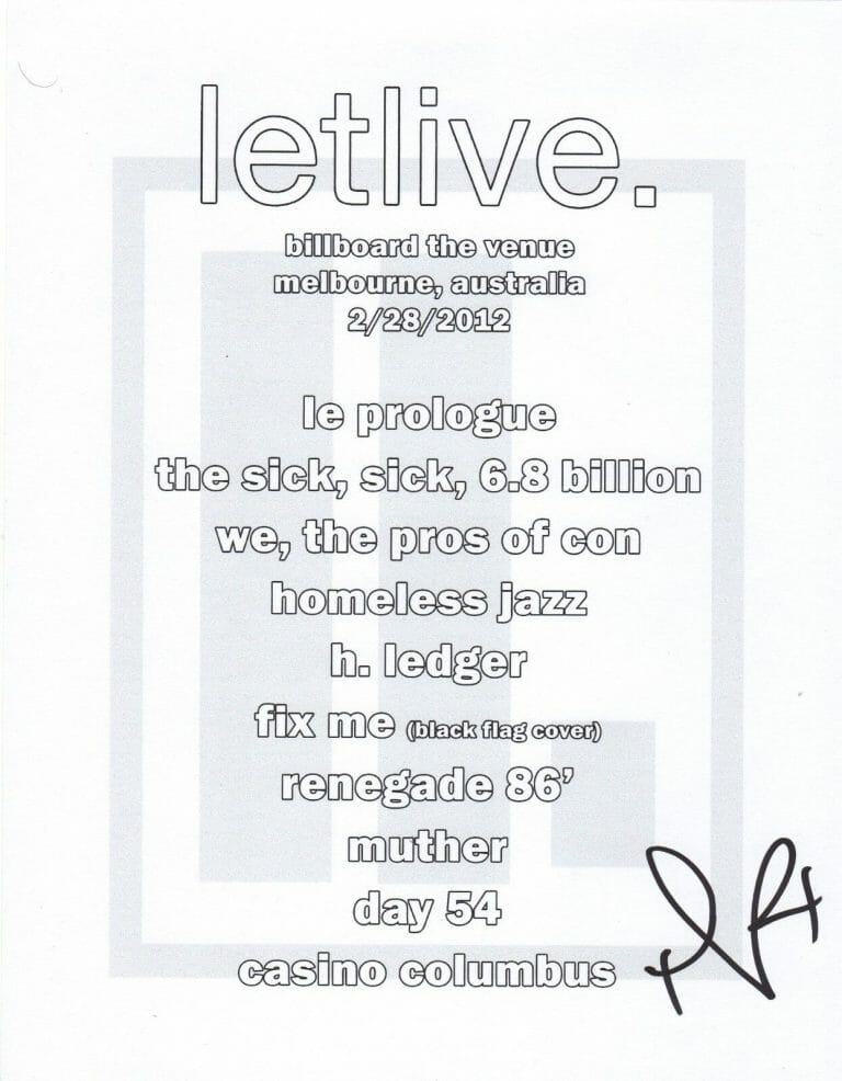 JASON BUTLER OF LETLIVE. BAND REAL HAND SIGNED SET LIST #2 COA LETLIVE FEVER 333
 COLLECTIBLE MEMORABILIA