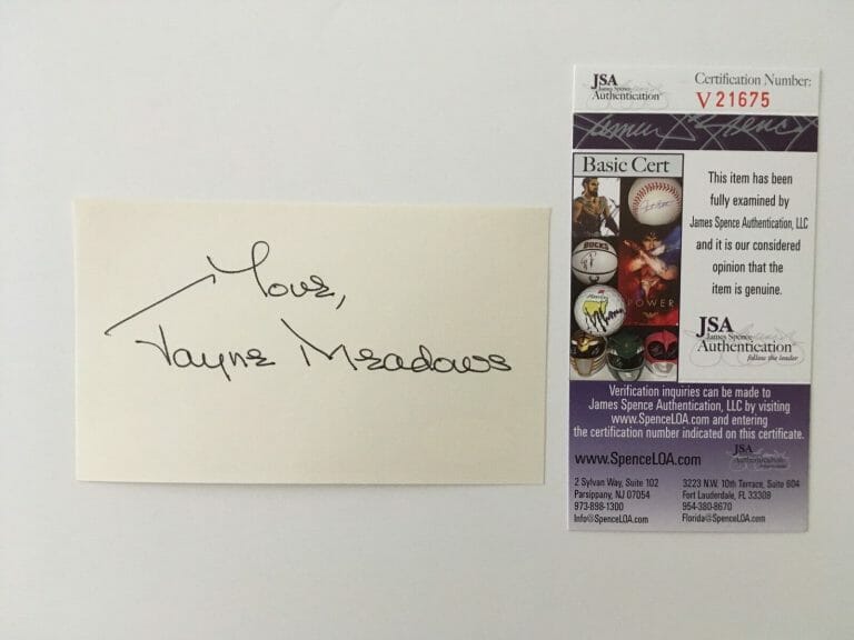 JAYNE MEADOWS SIGNED AUTOGRAPHED 3×5 CARD JSA CERTIFIED
 COLLECTIBLE MEMORABILIA