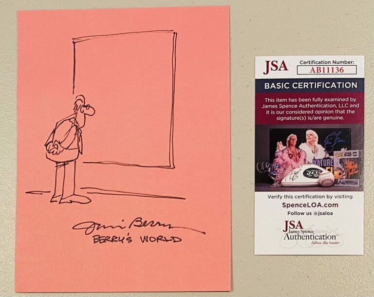 JIM BERRY SIGNED AUTOGRAPHED 5.5 X 7 CARD W SKETCH JSA CARTOONIST BERRY’S WORLD
 COLLECTIBLE MEMORABILIA