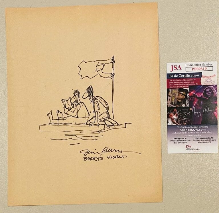 JIM BERRY SIGNED AUTOGRAPHED 8.5 X 11 PAGE W SKETCH JSA CARTOONIST BERRY’S WORLD
COLLECTIBLE MEMORABILIA