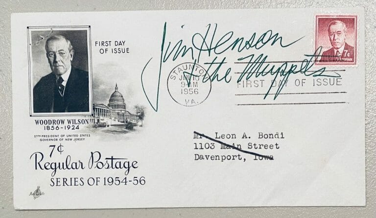JIM HENSON SIGNED AUTOGRAPHED FIRST DAY COVER W MUPPETS INSCRIPTION JSA LETTER
 COLLECTIBLE MEMORABILIA