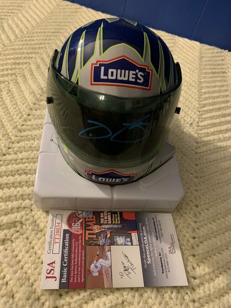 JIMMIE JOHNSON NASCAR SIGNED MINI HELMET AUTO 1/2 SCALE JSA AUTHENTICATION COA
 COLLECTIBLE MEMORABILIA