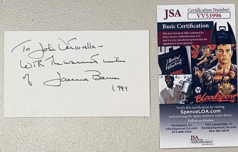 JOANNA BARNES SIGNED AUTOGRAPHED 3×5 CARD JSA CERTIFIED SPARTACUS AUNTIE MAME
 COLLECTIBLE MEMORABILIA