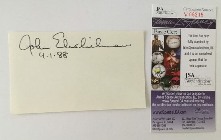 JOHN EHRLICHMAN SIGNED AUTOGRAPHED 3×5 CARD JSA CERTIFIED WATERGATE
 COLLECTIBLE MEMORABILIA