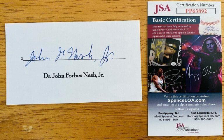 JOHN FORBES NASH JR SIGNED AUTOGRAPHED 3×5 CARD JSA CERTIFIED A BEAUTIFUL MIND
 COLLECTIBLE MEMORABILIA