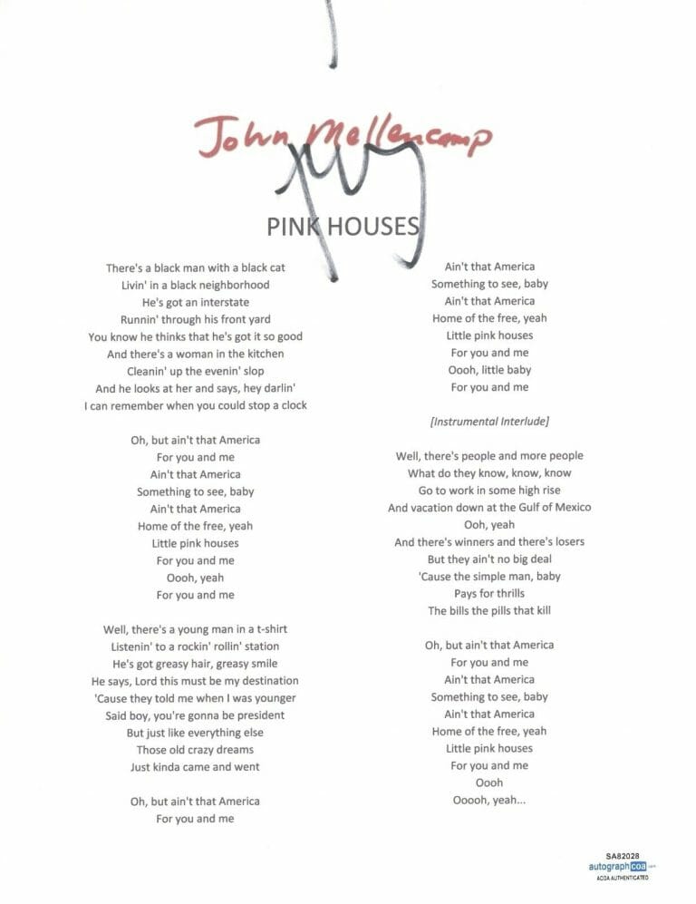 JOHN MELLENCAMP COUGAR SIGNED AUTOGRAPHED PINK HOUSES SONG LYRIC SHEET ACOA COA COLLECTIBLE MEMORABILIA