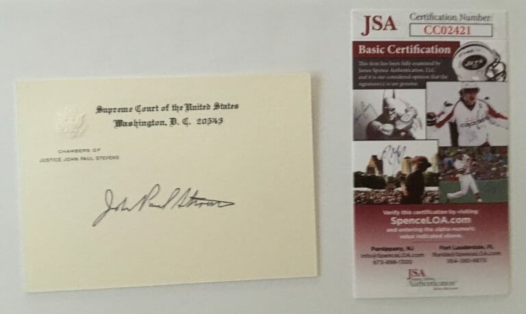 JOHN PAUL STEVENS SIGNED AUTOGRAPHED SUPREME COURT CARD JSA CERTIFIED
 COLLECTIBLE MEMORABILIA