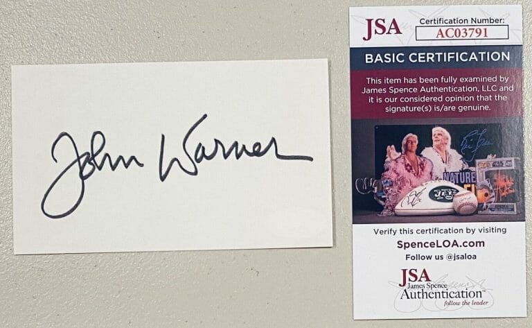 JOHN WARNER SIGNED AUTOGRAPHED 3×5 CARD JSA CERT VIRGINIA SENATOR NAVY SECRETARY
 COLLECTIBLE MEMORABILIA