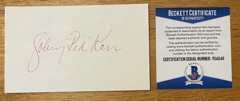 JOHNNY “RED” KERR SIGNED AUTOGRAPHED 3×5 INDEX CARD JSA BULLS ANNOUNCER
 COLLECTIBLE MEMORABILIA