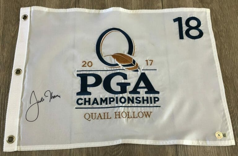 JUSTIN THOMAS SIGNED 2017 PGA CHAMPIONSHIP FLAG W/EXACT PROOF & BAS BECKETT COA
 COLLECTIBLE MEMORABILIA