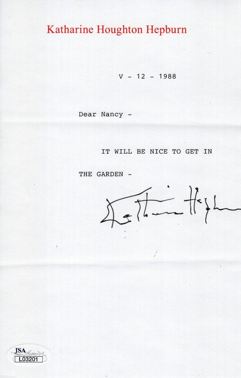KATHARINE HEPBURN SIGNED LETTER ON LETTERHEAD NICE TO GET IN GARDEN JSA COLLECTIBLE MEMORABILIA