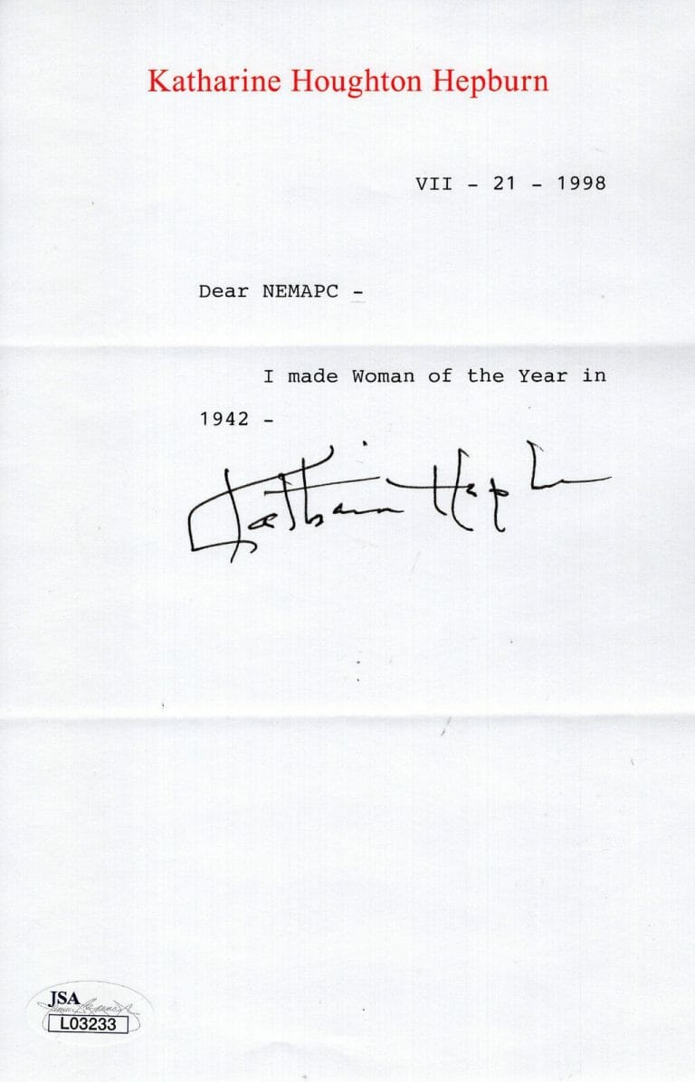 KATHARINE HEPBURN SIGNED LETTER ON LETTERHEAD WOMAN OF YEAR 1942 JSA COLLECTIBLE MEMORABILIA