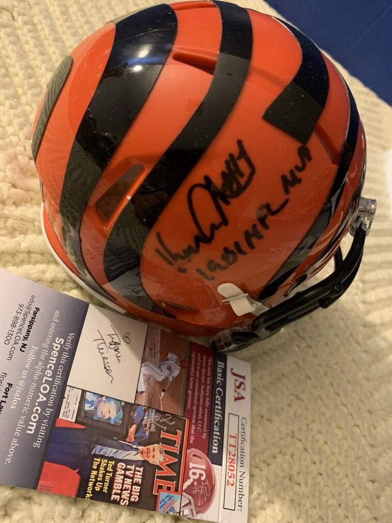 KEN ANDERSON BENGALS SIGNED FLASH MINI HELMET JSA AUTHENTICATED COA SMUDGE
 COLLECTIBLE MEMORABILIA