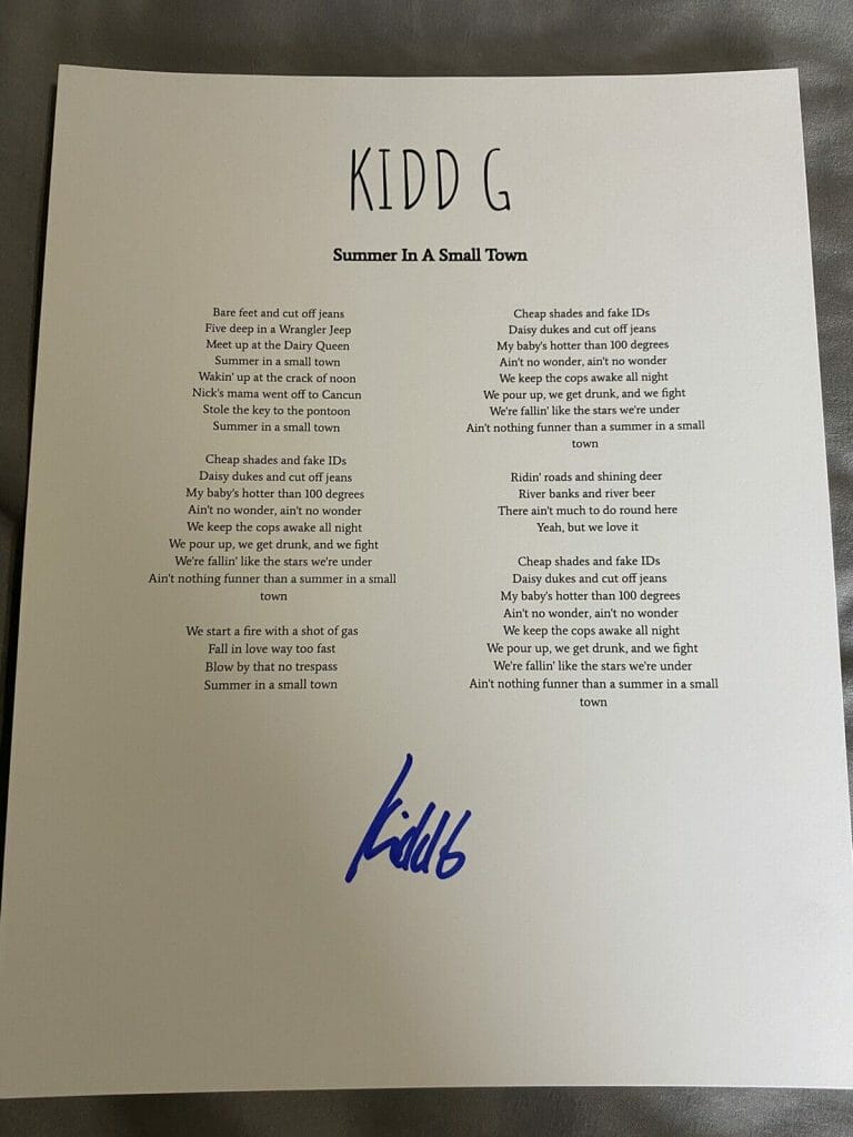 KIDD G SIGNED AUTOGRAPH LYRIC SHEET SUMMER IN A SMALL TOWN YOUNG STAR RARE PROOF
 COLLECTIBLE MEMORABILIA