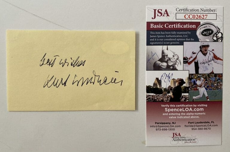 KURT WALDHEIM SIGNED AUTOGRAPHED 3 X 4.5 PAGE JSA CERTIFIED UN SECRETARY GENERAL
 COLLECTIBLE MEMORABILIA
