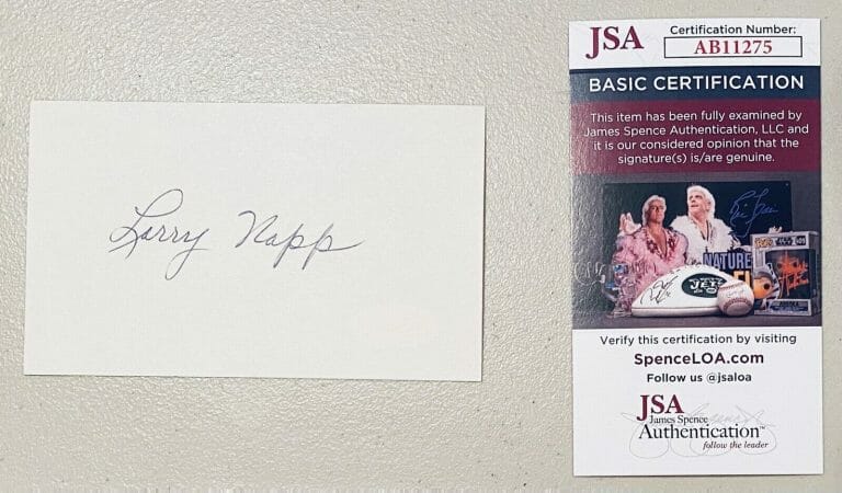 LARRY NAPP SIGNED AUTOGRAPHED 3×5 CARD JSA CERTED AMERICAN LEAGUE UMPIRE
 COLLECTIBLE MEMORABILIA